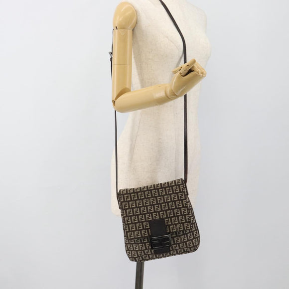 FENDI Zucchino Canvas Shoulder Bag Brown Silver Auth 185660