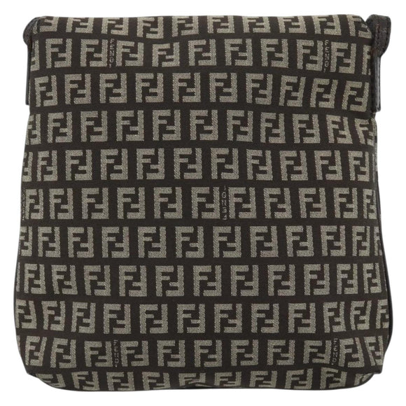 FENDI Zucchino Canvas Shoulder Bag Brown Silver Auth 185660