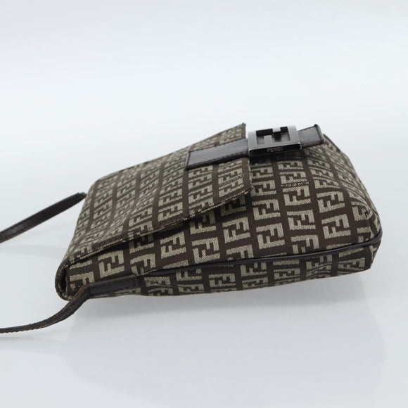 FENDI Zucchino Canvas Shoulder Bag Brown Silver Auth 185660