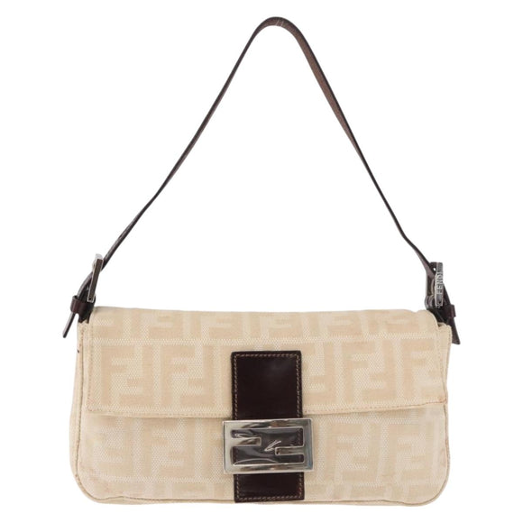 FENDI Zucca Canvas Mamma Baguette Shoulder Bag Beige Silver Auth 185664A