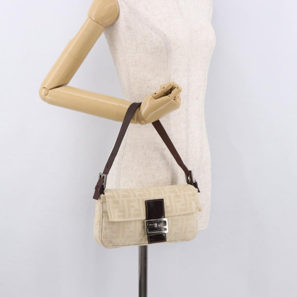 FENDI Zucca Canvas Mamma Baguette Shoulder Bag Beige Silver Auth 185664A