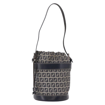 FENDI Zucchino Canvas Purse Shoulder Bag Navy Silver Auth 185672A