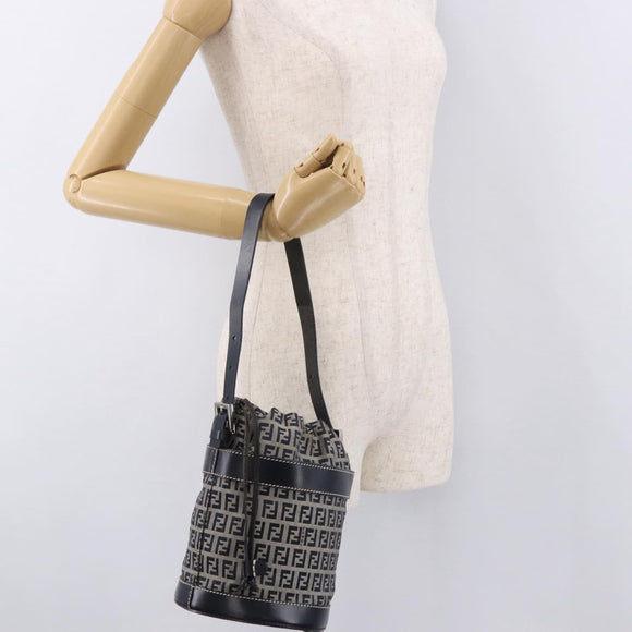 FENDI Zucchino Canvas Geldbörse Umhängetasche Navy Silber Auth 185672A
