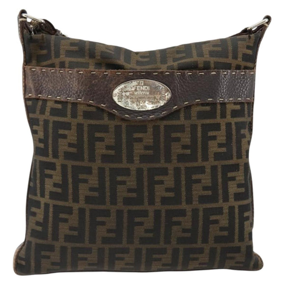 FENDI Zucca Canvas Shoulder Bag Black Brown Auth 185685