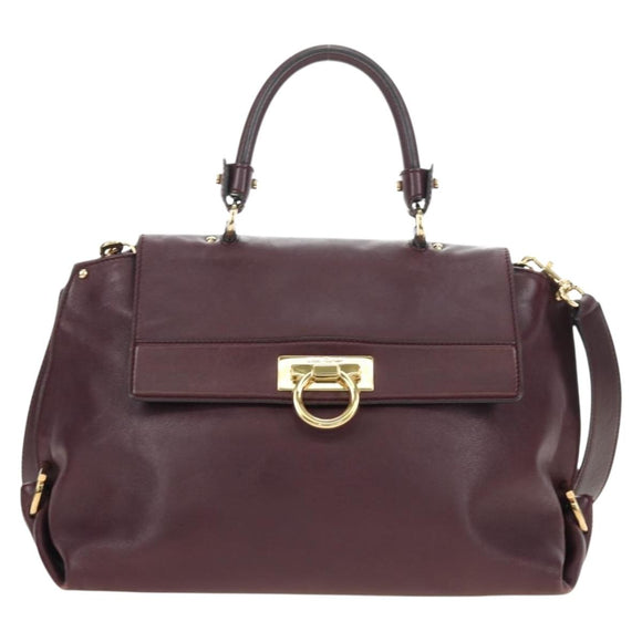 Salvatore Ferragamo Gancini Hand Bag Leather 2way Purple Gold Auth 185691A