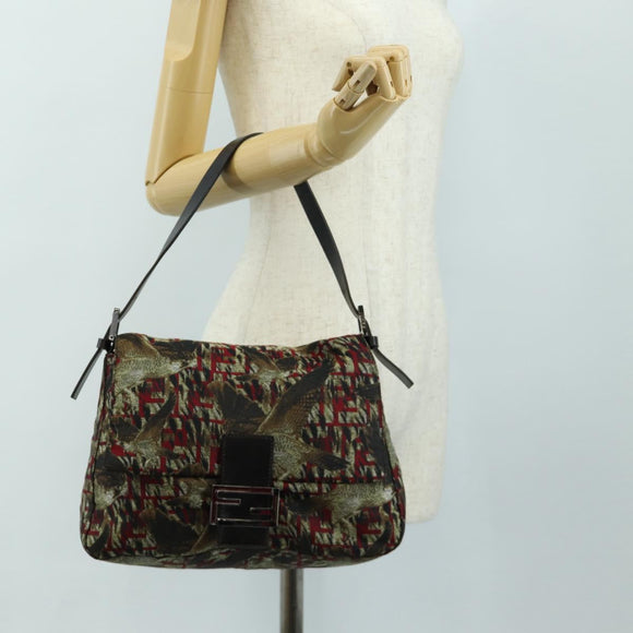 FENDI Zucca Canvas Mamma Baguette Shoulder Bag Red Silver Auth 185692V