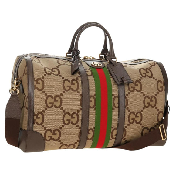 GUCCI Jumbo GG Web Sherry Line Boston Bag 2way Beige Gold 696039 Auth 185694SM