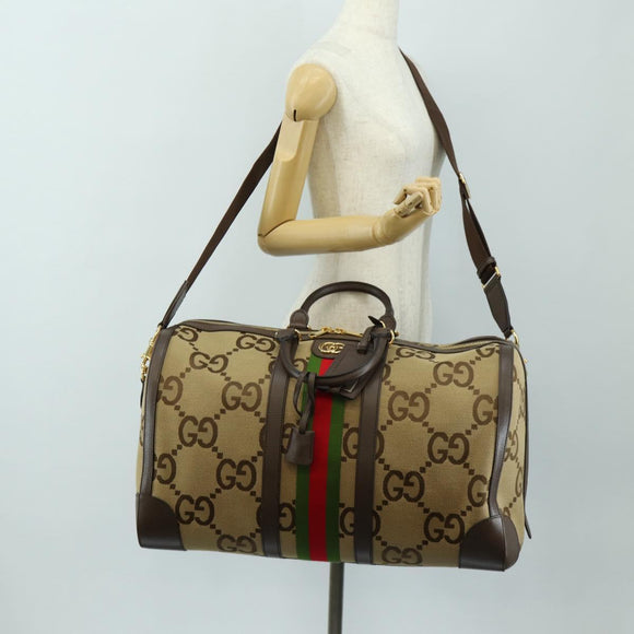 GUCCI Jumbo GG Web Sherry Line Boston Bag 2way Beige Gold 696039 Auth 185694SM