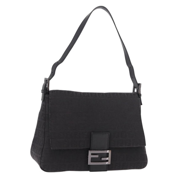 FENDI Zucchino Canvas Mamma Baguette Shoulder Bag Black Auth 185724SAV