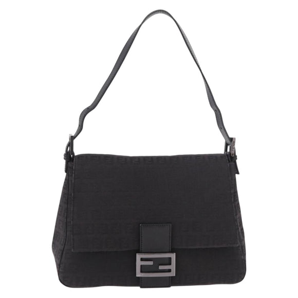 FENDI Zucchino Canvas Mamma Baguette Shoulder Bag Black Auth 185724SAV