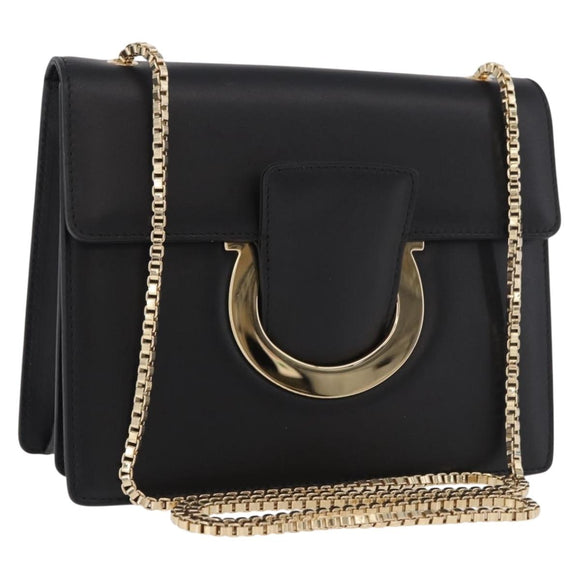 Salvatore Ferragamo Gancini Chain Shoulder Bag Leather Black Gold Auth 185725A