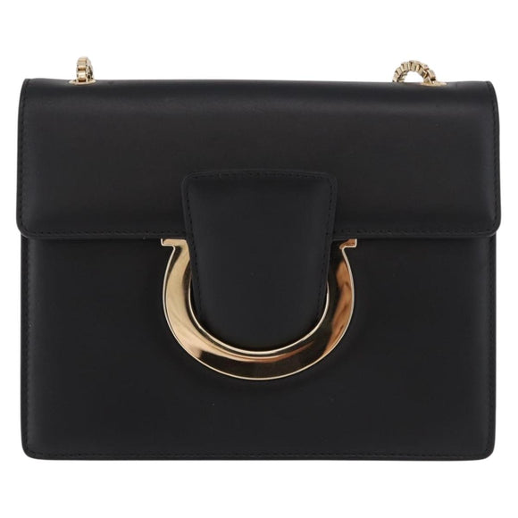 Salvatore Ferragamo Gancini Chain Shoulder Bag Leather Black Gold Auth 185725A