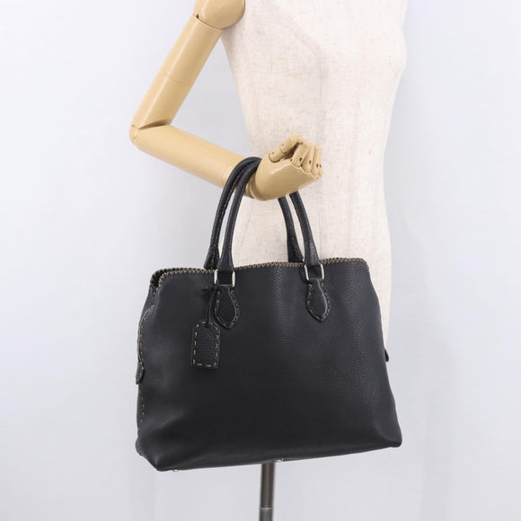FENDI Celeria Tote Bag Leather Black Silver Auth 185726A