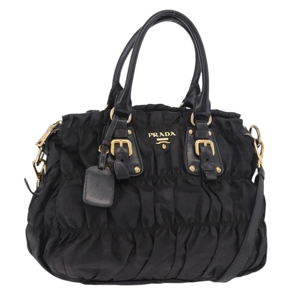 PRADA Hand Bag Nylon 2way Black Gold Auth 185729
