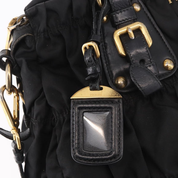 PRADA Hand Bag Nylon 2way Black Gold Auth 185729