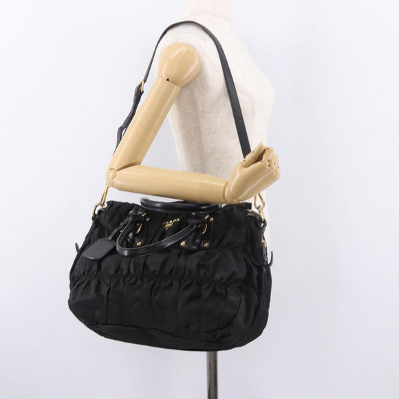 PRADA Hand Bag Nylon 2way Black Gold Auth 185729