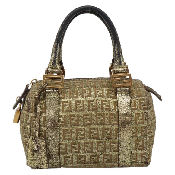 FENDI Zucchino Canvas Hand Bag Gold Auth 185735