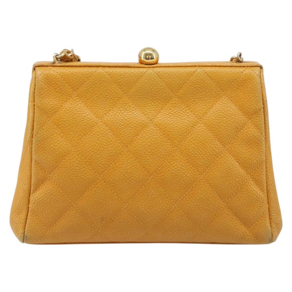 CHANEL Matelasse Chain Shoulder Bag Caviar Skin Yellow Gold CC Auth 185743