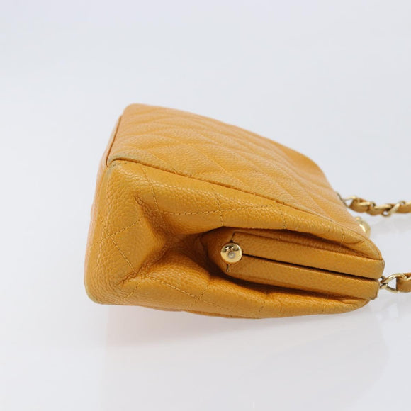 CHANEL Matelasse Chain Shoulder Bag Caviar Skin Yellow Gold CC Auth 185743