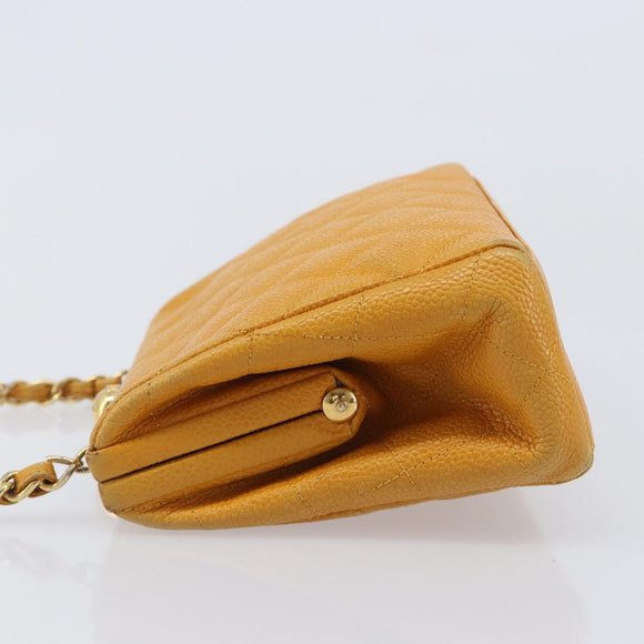 CHANEL Matelasse Chain Shoulder Bag Caviar Skin Yellow Gold CC Auth 185743