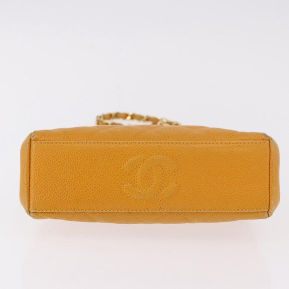 CHANEL Matelasse Chain Shoulder Bag Caviar Skin Yellow Gold CC Auth 185743A