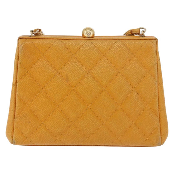 CHANEL Matelasse Chain Shoulder Bag Caviar Skin Yellow Gold CC Auth 185743A