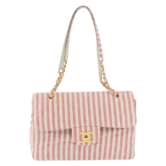 CHANEL Big Matelasse Chain Shoulder Bag Canvas Pink Gold CC Auth 185745SAV