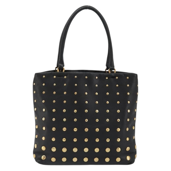 PRADA Hand Bag Leather Black Gold Auth 185746A