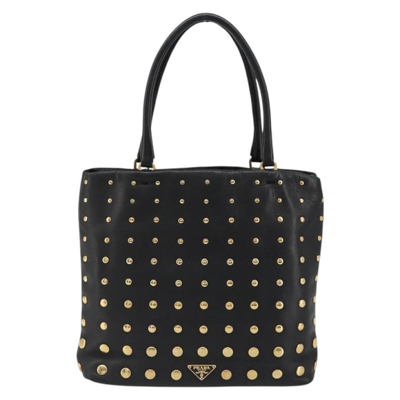 PRADA Hand Bag Leather Black Gold Auth 185746A