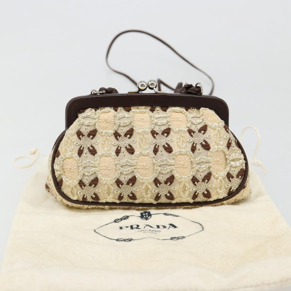 PRADA Coin Purse Shoulder Pouch Canvas Beige Silver Auth 185760SAV