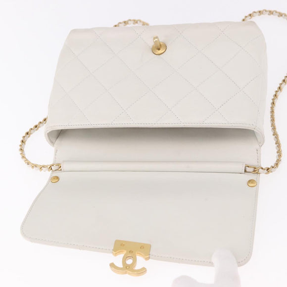 CHANEL Matelasse Chain Shoulder Bag Lamb Skin 2way White Gold CC Auth 185768SAM