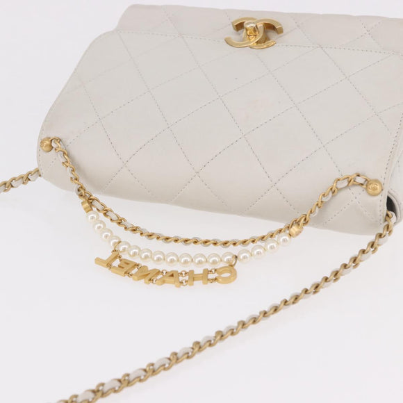 CHANEL Matelasse Chain Shoulder Bag Lamb Skin 2way White Gold CC Auth 185768SAM