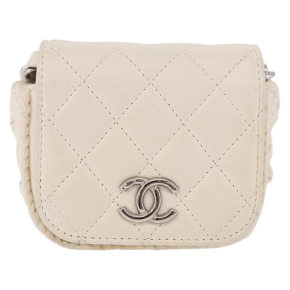 CHANEL Matelasse Chain Shoulder Bag Lamb Skin White Silver CC Auth 185770SAM