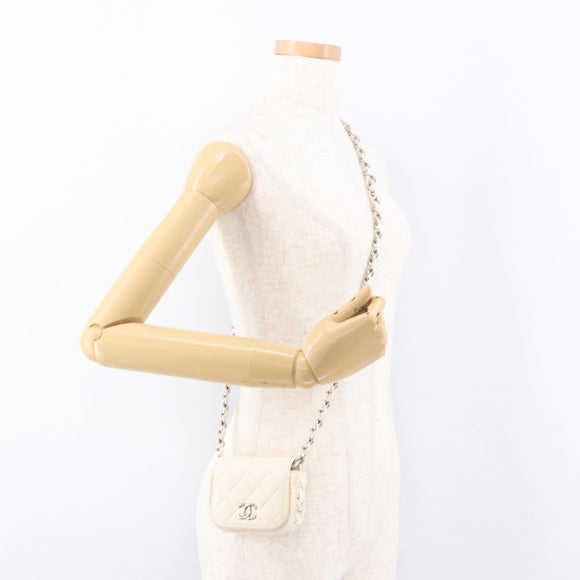 CHANEL Matelasse Chain Shoulder Bag Lamb Skin White Silver CC Auth 185770SAM