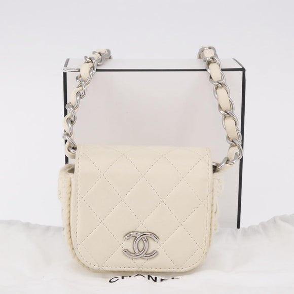 CHANEL Matelasse Chain Shoulder Bag Lamb Skin White Silver CC Auth 185770SAM