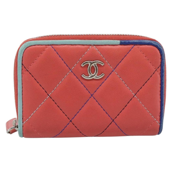 CHANEL Matelasse Coin Purse Lamb Skin Pink Silver CC Auth 185777A