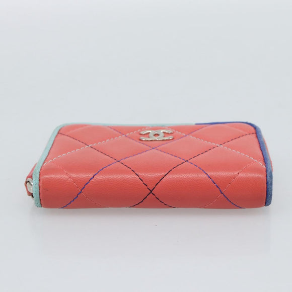 CHANEL Matelasse Coin Purse Lamb Skin Pink Silver CC Auth 185777A