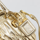 PRADA Hand Bag Leather 2way Gold Tone Gold Auth 185803V-19
