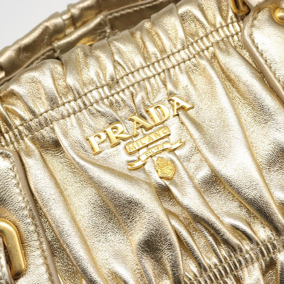 PRADA Hand Bag Leather 2way Gold Tone Gold Auth 185803V