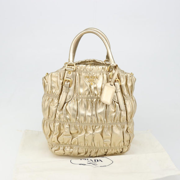 PRADA Hand Bag Leather 2way Gold Tone Gold Auth 185803V