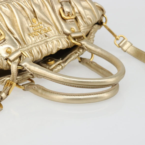 PRADA Hand Bag Leather 2way Gold Tone Gold Auth 185803V