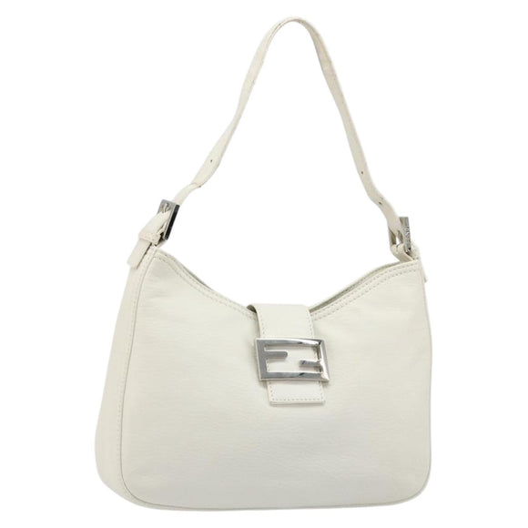 FENDI Mamma Baguette Shoulder Bag Leather White Silver Auth 185820M