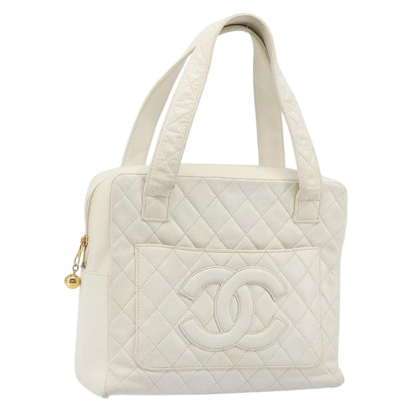 CHANEL Matelasse Hand Bag Canvas White Gold CC Auth 185821A