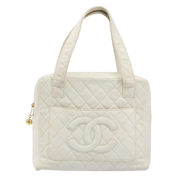 CHANEL Matelasse Hand Bag Canvas White Gold CC Auth 185821A