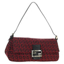 FENDI Zucchino Canvas Mamma Baguette Shoulder Bag Red Silver Auth 185835SAM-1