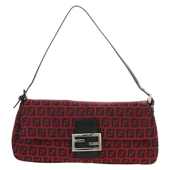 FENDI Zucchino Canvas Mamma Baguette Shoulder Bag Red Silver Auth 185835SAM