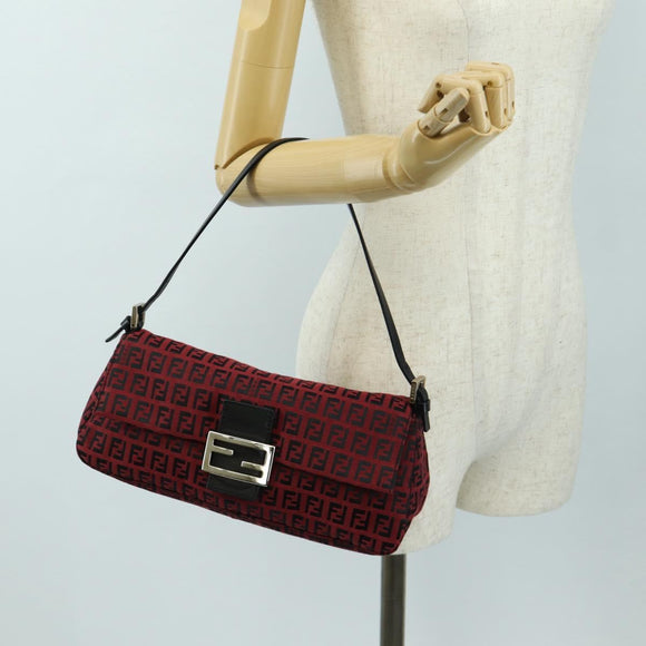 FENDI Zucchino Canvas Mamma Baguette Shoulder Bag Red Silver Auth 185835SAM