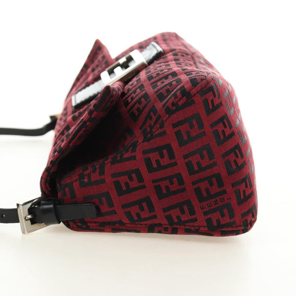 FENDI Zucchino Canvas Mamma Baguette Shoulder Bag Red Silver Auth 185835SAM