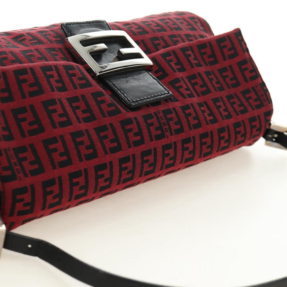 FENDI Zucchino Canvas Mamma Baguette Shoulder Bag Red Silver Auth 185835SAM