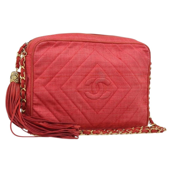 CHANEL Chain Shoulder Bag Canvas Red Gold CC Auth 185838A